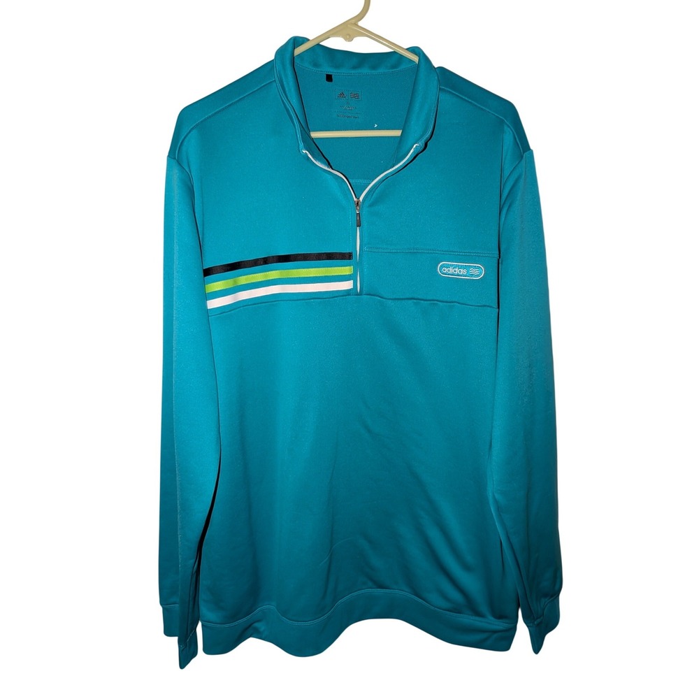 Adidas Golf Mens XL Quarter Zip Pullover Teal Blue Striped Performance